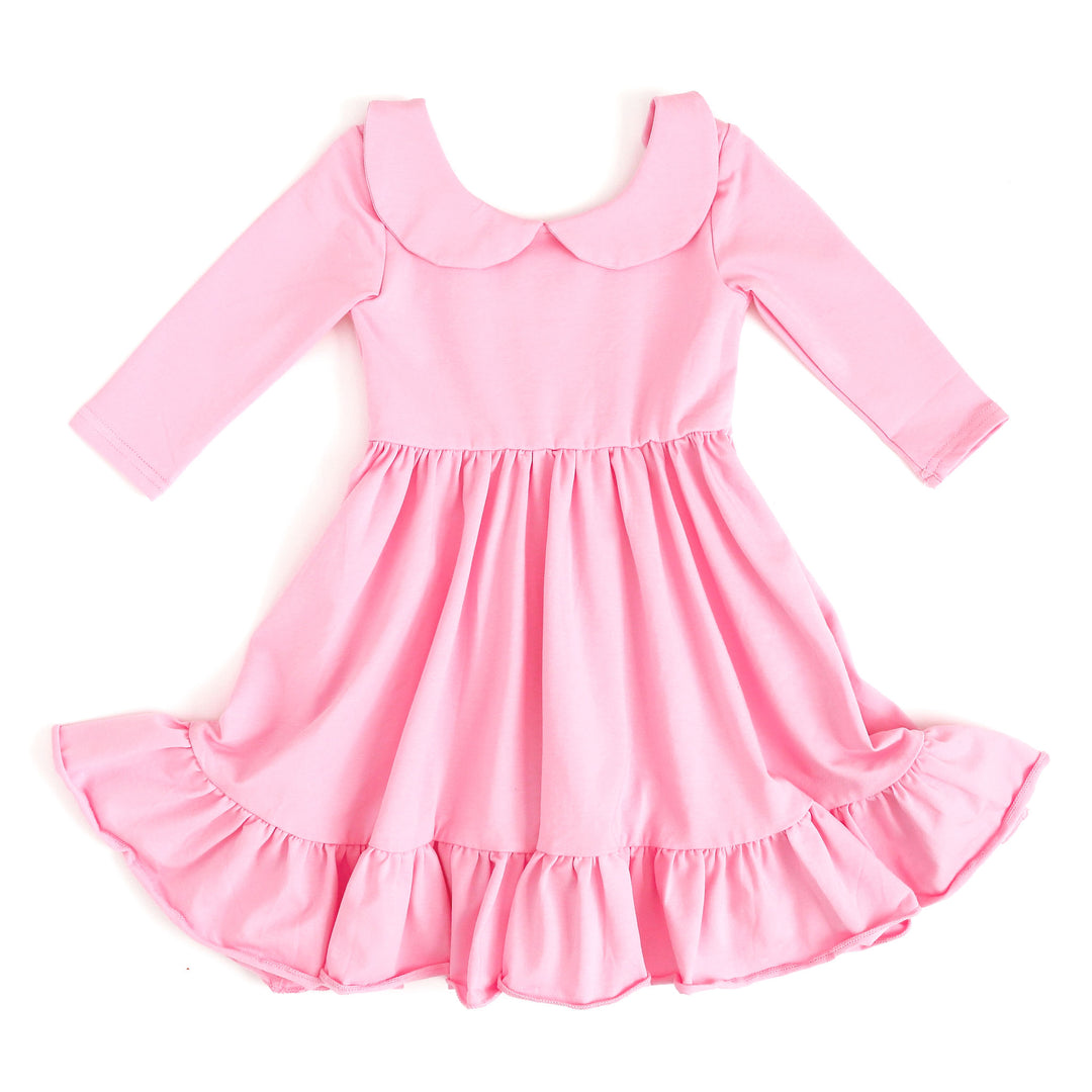 blossom pink girls cotton twirl dress with collar and pockets
