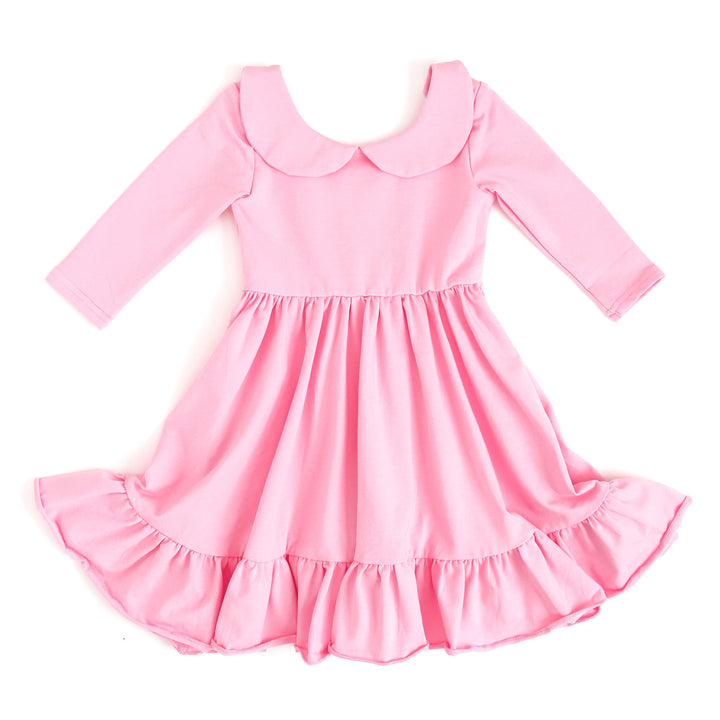 blossom pink girls cotton twirl dress with collar and pockets