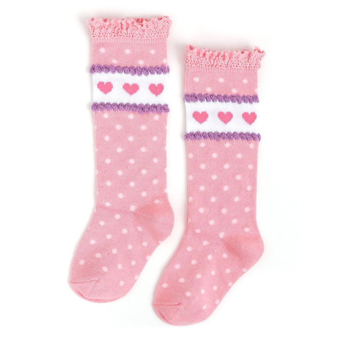 pink and purple valentine's day knee high socks with lace