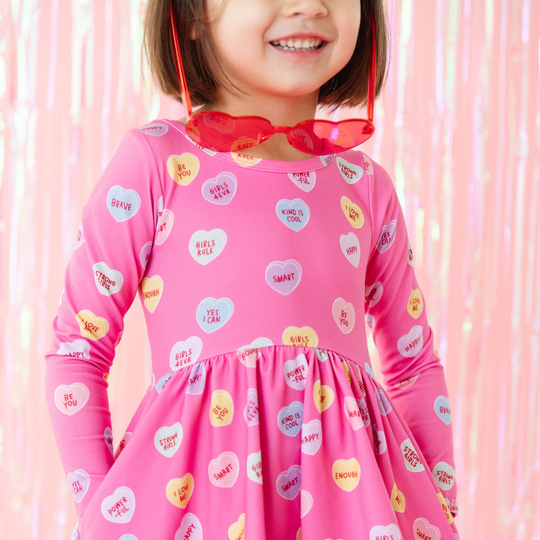 girls candy hearts dress with positive affirmations