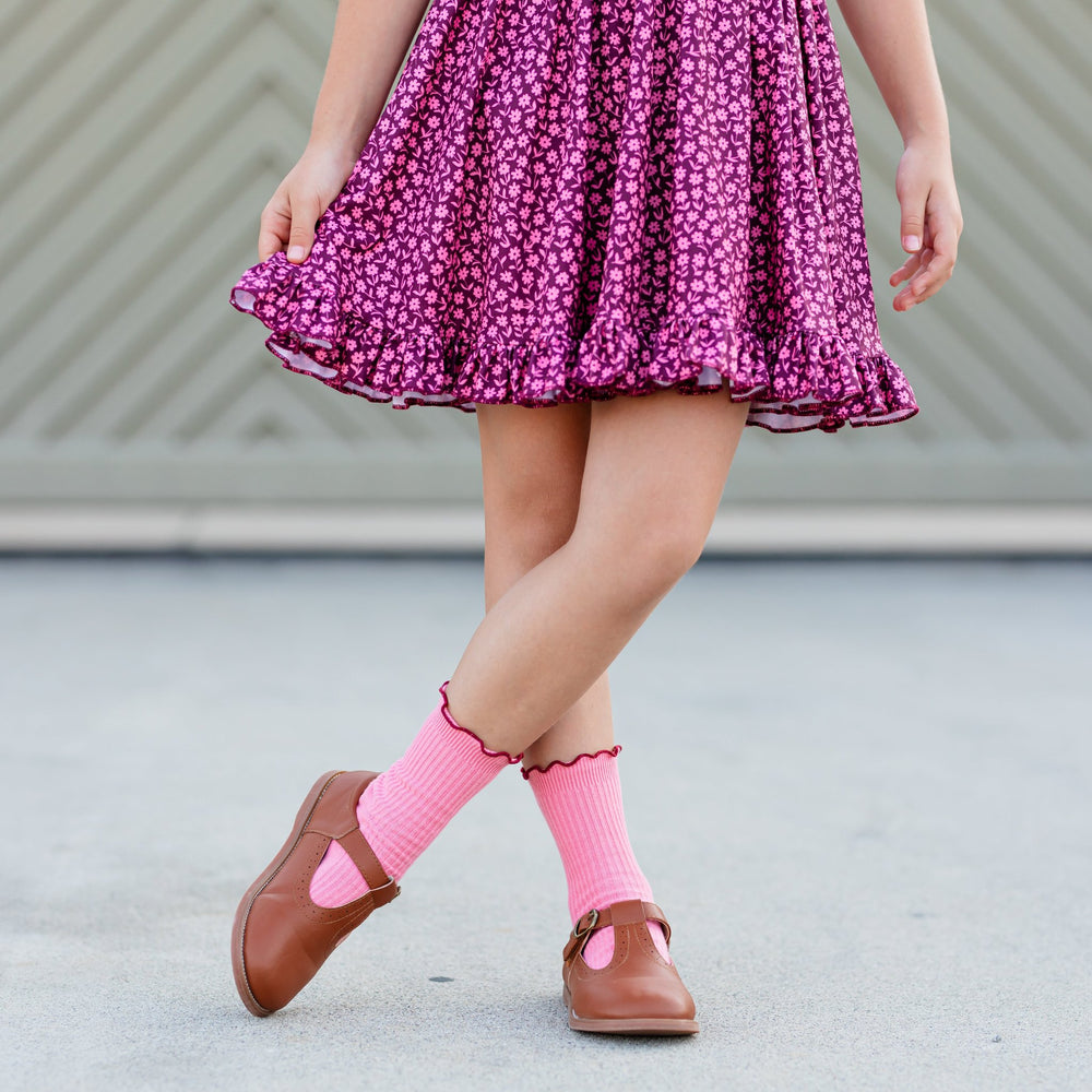 girls mid ankle ribbed pink socks with burgundy lettuce trim edge and matching burgundy and pink floral twirl dress