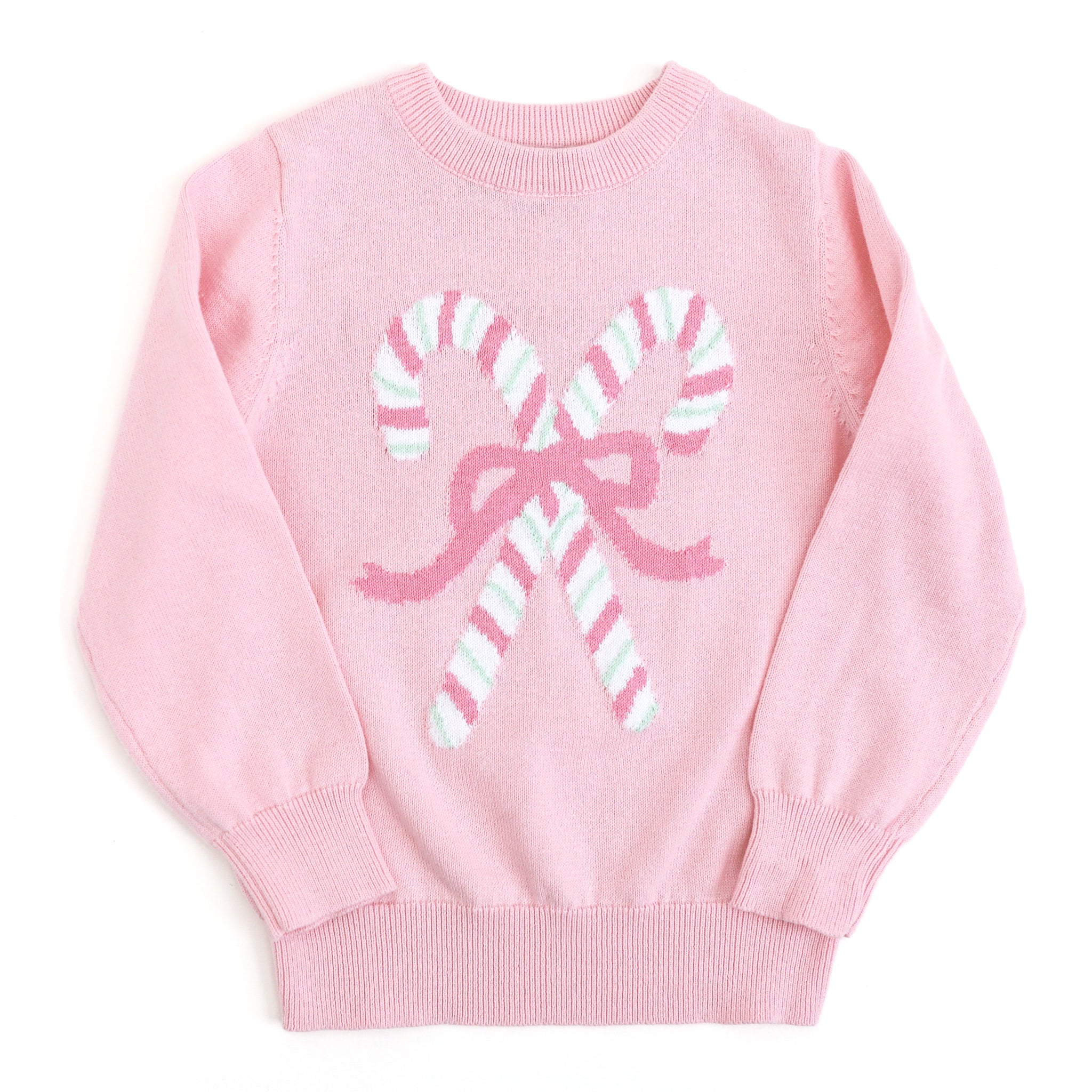 girls light pink pullover sweater with pink and mint striped candy canes and bow detail