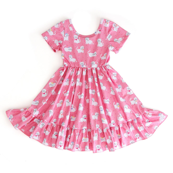 girls pink short sleeve twirl dress with white kitten print