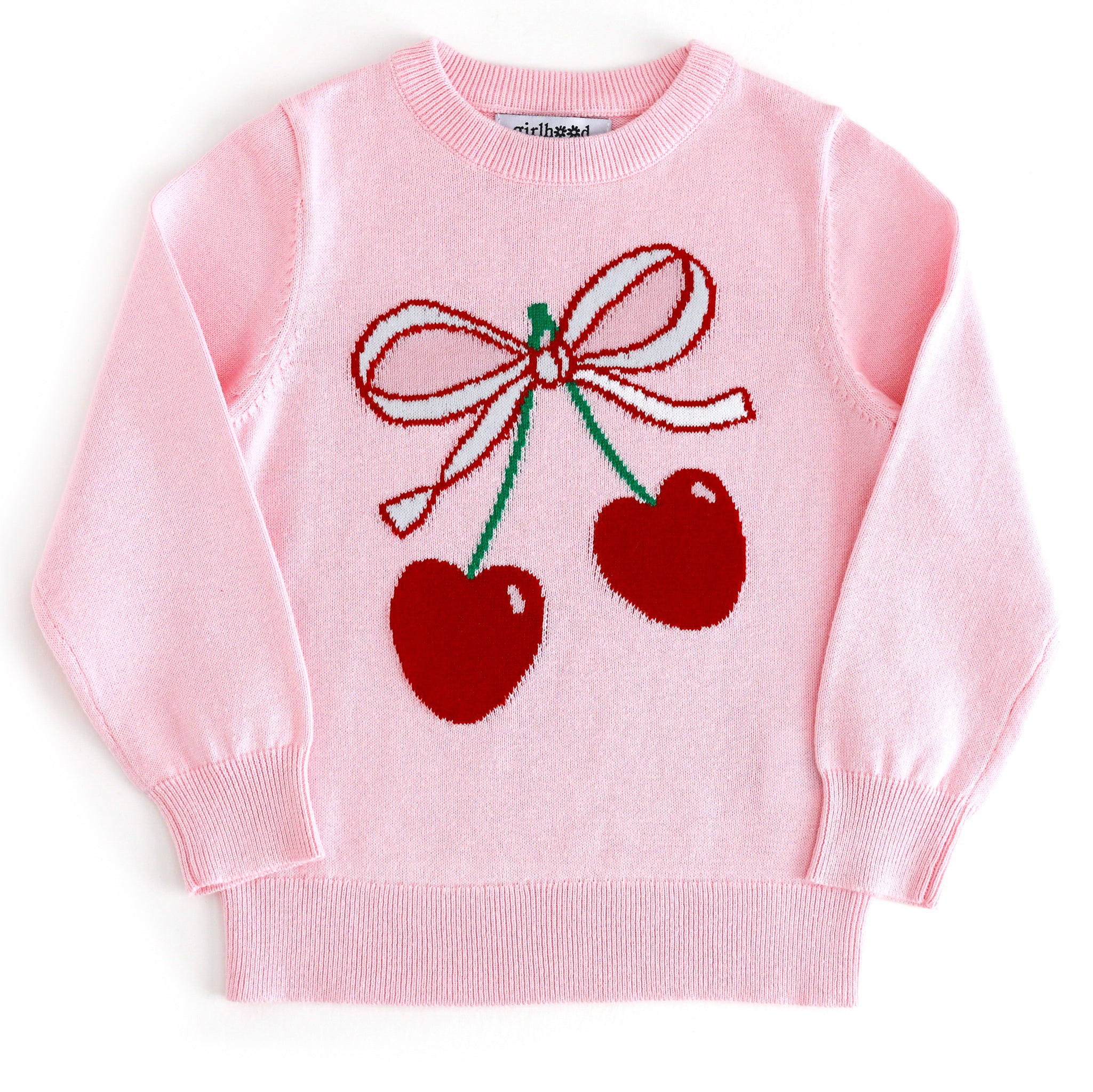 girls light pink cotton knit pullover sweater with two red cherries and ribbon design 
