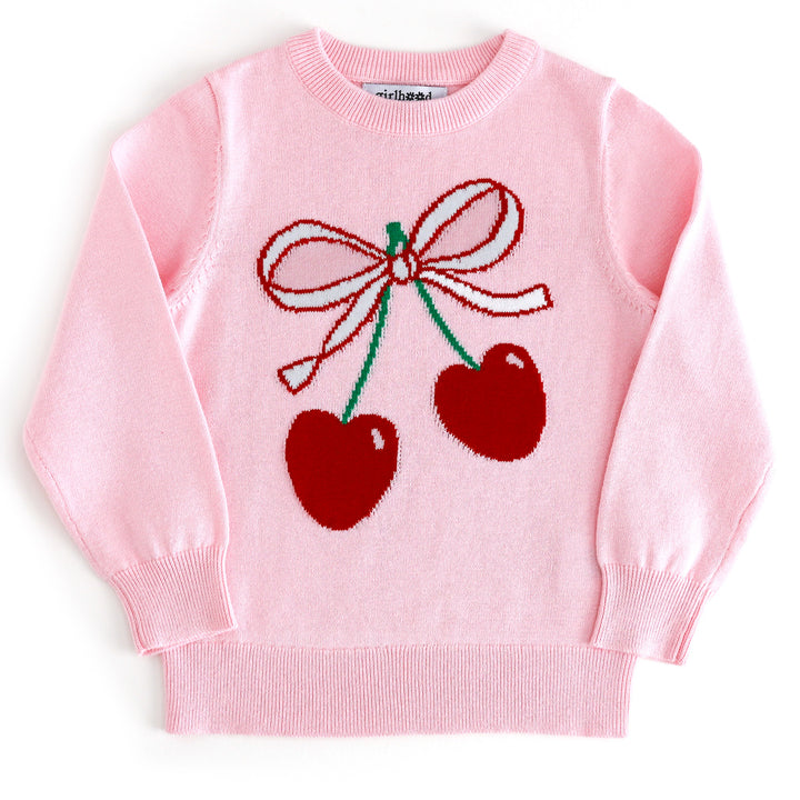girls light pink cotton knit pullover sweater with two red cherries and ribbon design 