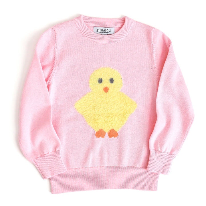 girl's pink pullover sweater with fuzzy yellow chick design for Easter