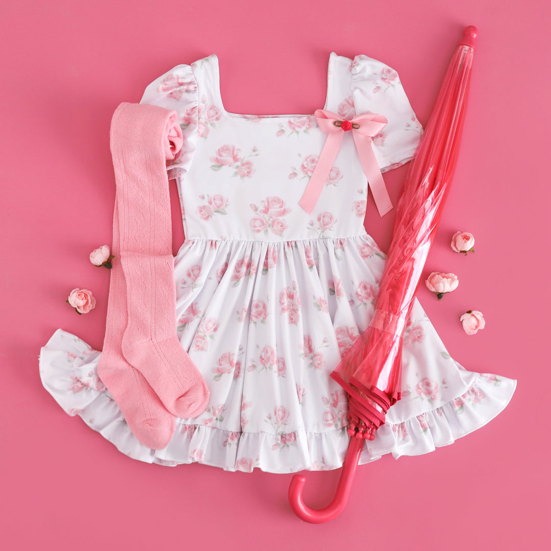 Girls white dress with love shack inspired pink floral print