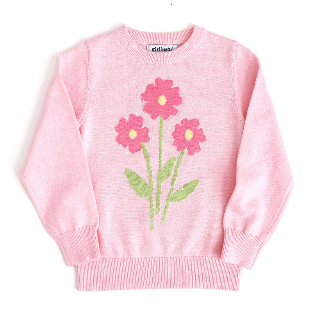 girl's light pink cotton knit pullover sweater with printed trio of pink spring flowers