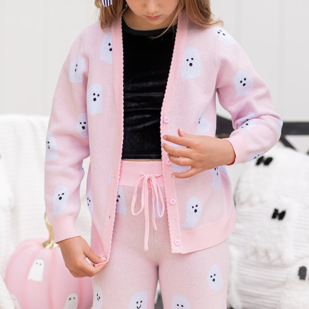 Women's Girls' Halloween Cardigan in Pink Ghosts – Little