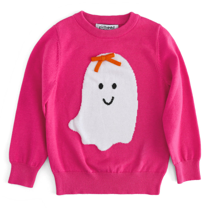 girls' bright pink long sleeve knit sweater with white ghost wearing orange knit bow