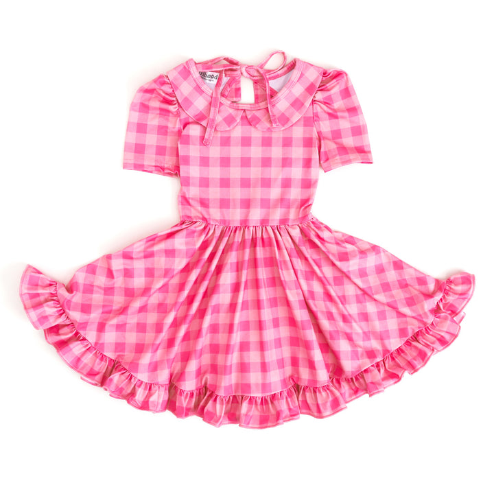 girls pink gingham twirl dress with peter pan collar