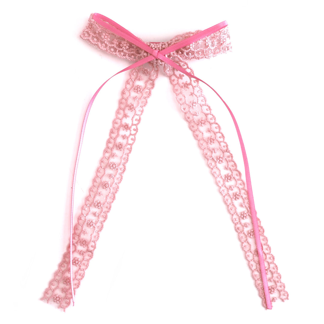 girls' lace and ribbon long tail double bow in two shades of pink on alligator clip