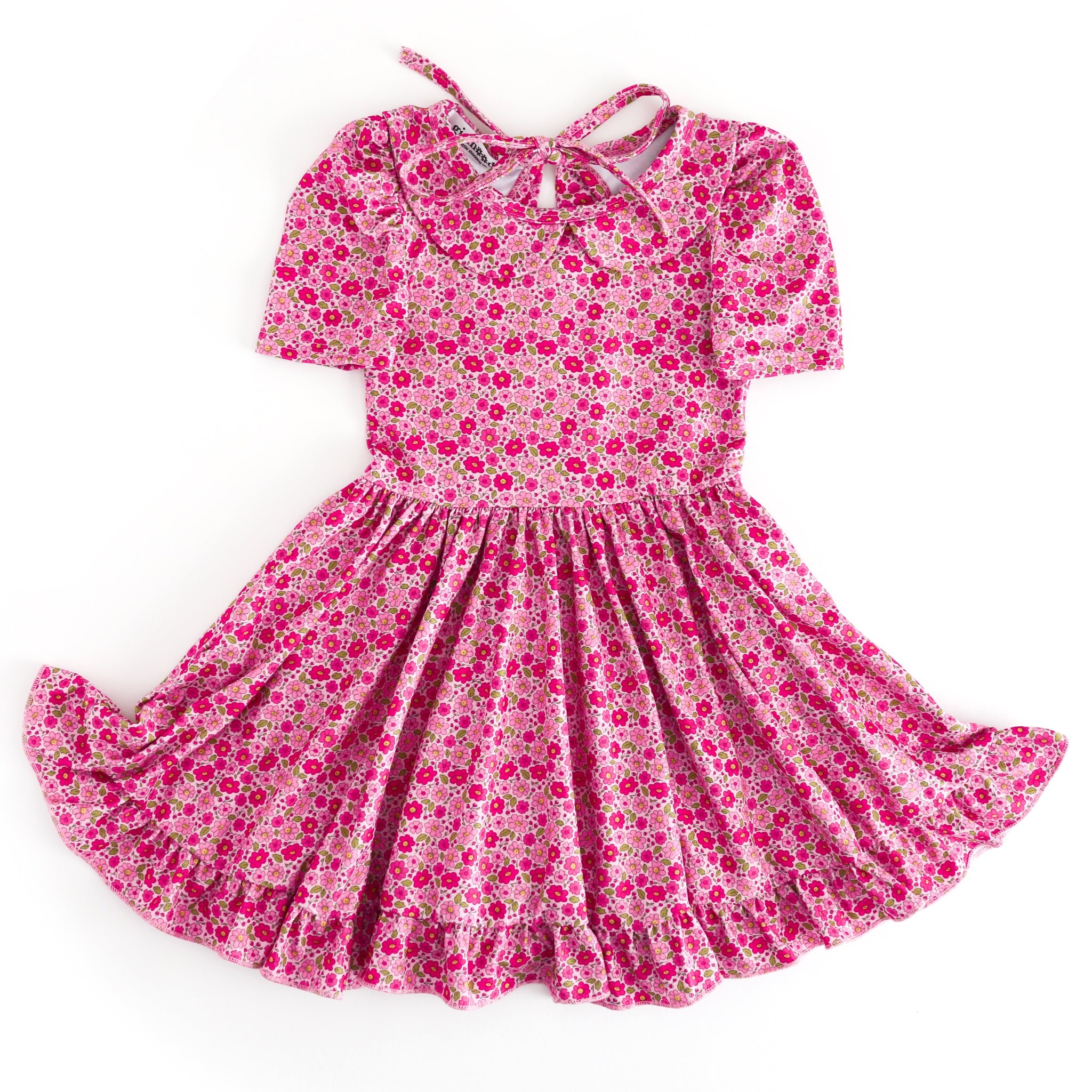 girls' collared short sleeve twirl dress with petite pink flower print
