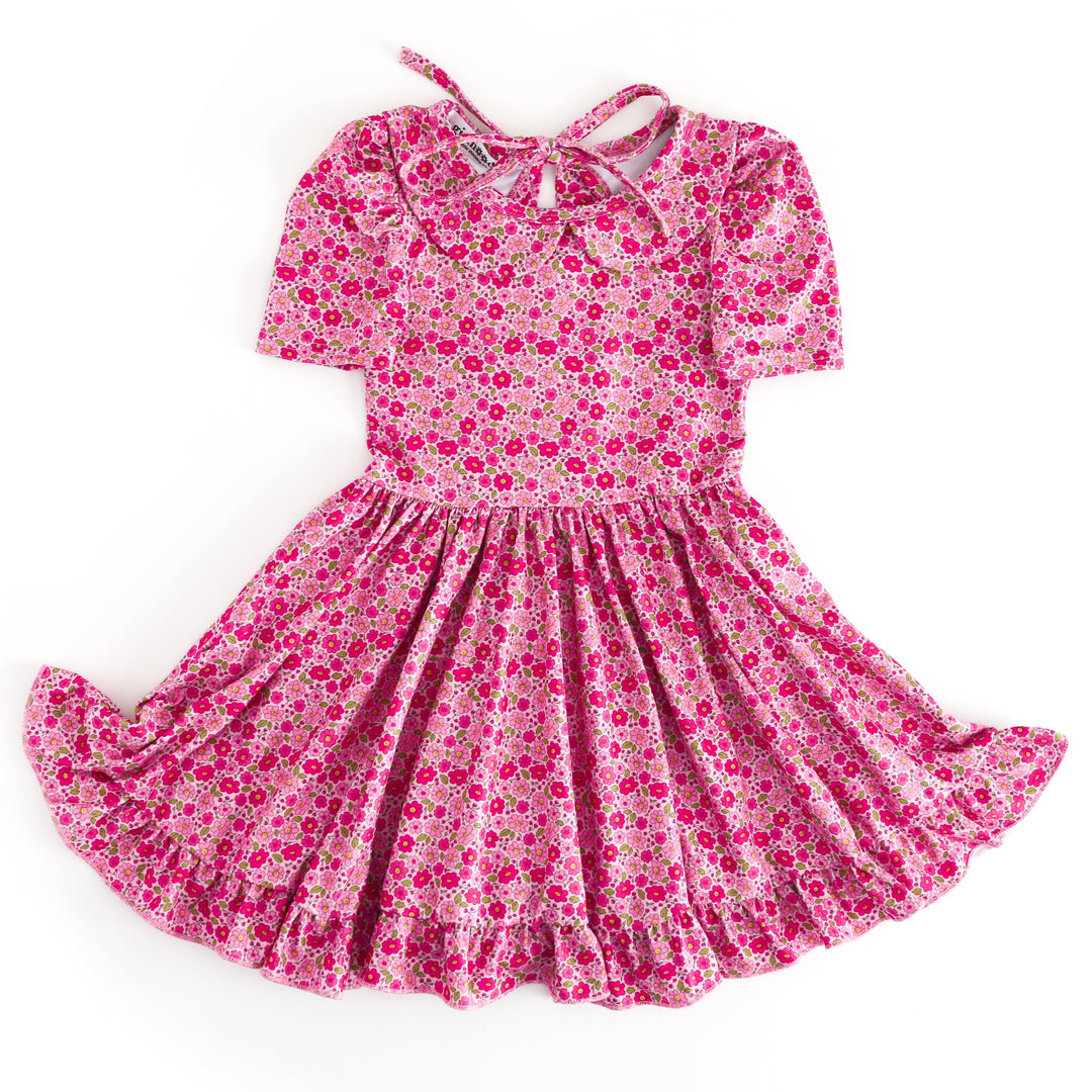 girls' collared short sleeve twirl dress with petite pink flower print