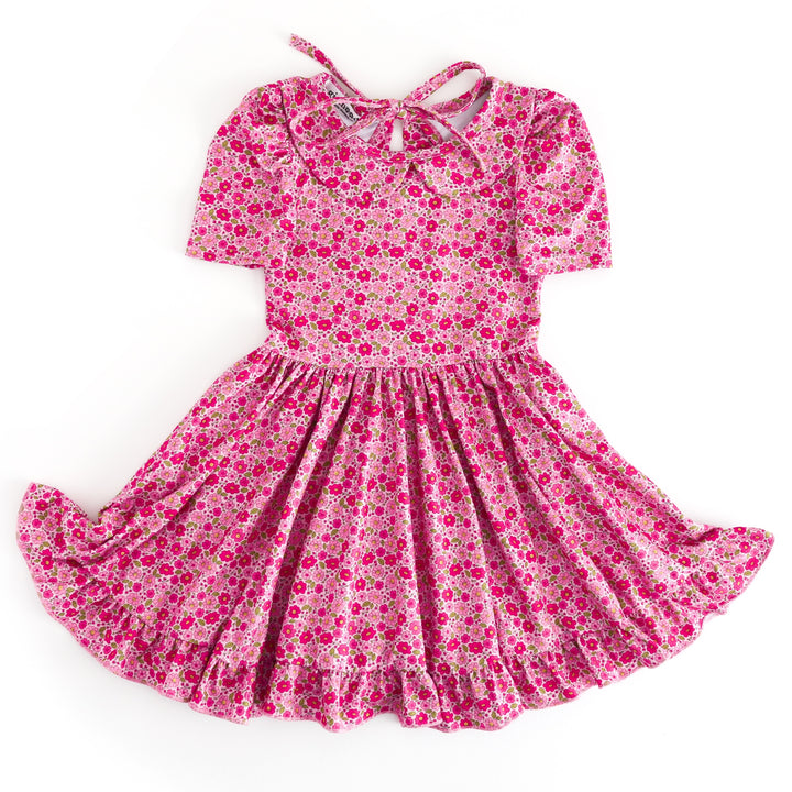 girls' collared short sleeve twirl dress with petite pink flower print