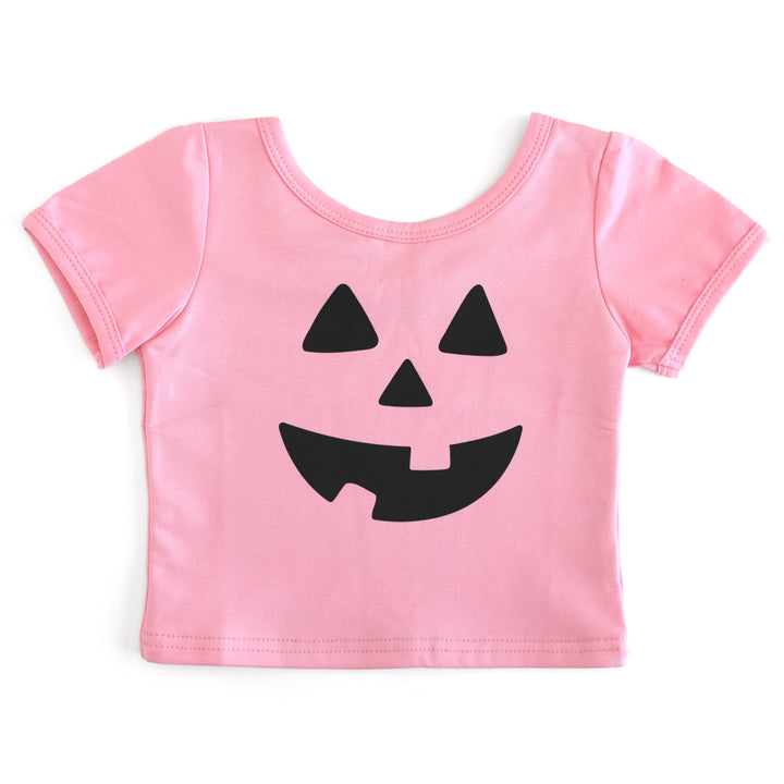 girls' pink stretchy cotton blend tee with jack-o-lantern face design