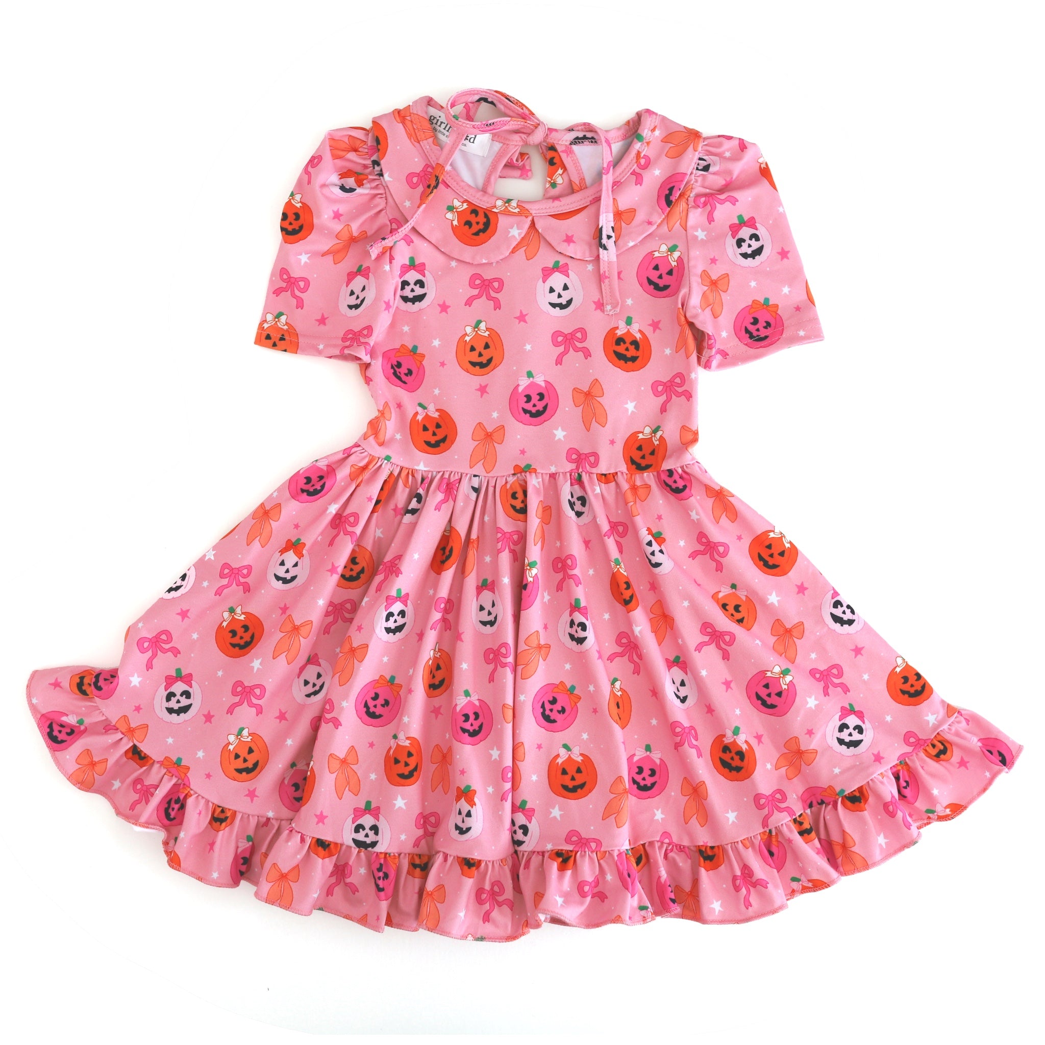 girl's pink collared twirl dress with puff sleeve, ruffle hem and darling pumpkin and bow print for Halloween
