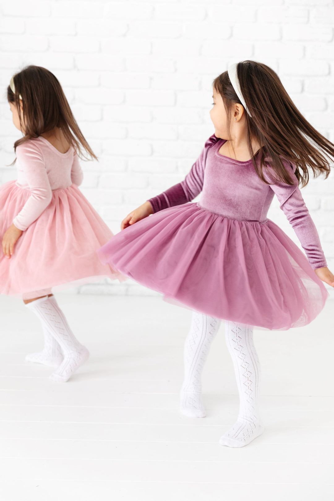 little girls velvet and tulle party dresses in pink and purple