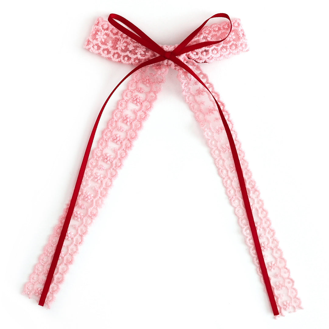 girl's pink lace with red ribbon bow on clip to match back to school collection