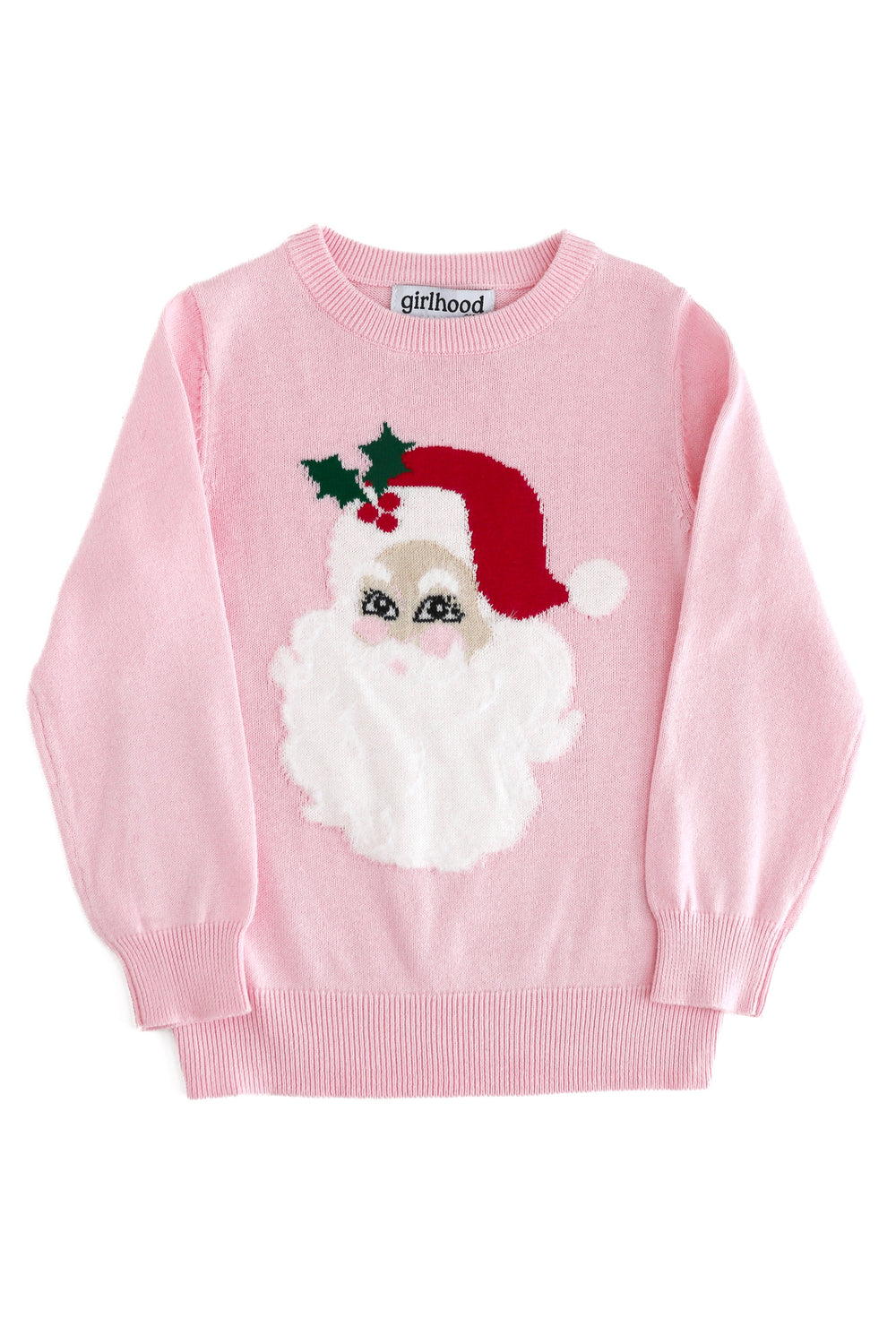 girls pink cotton knit sweater with Santa wearing holly on his hat 