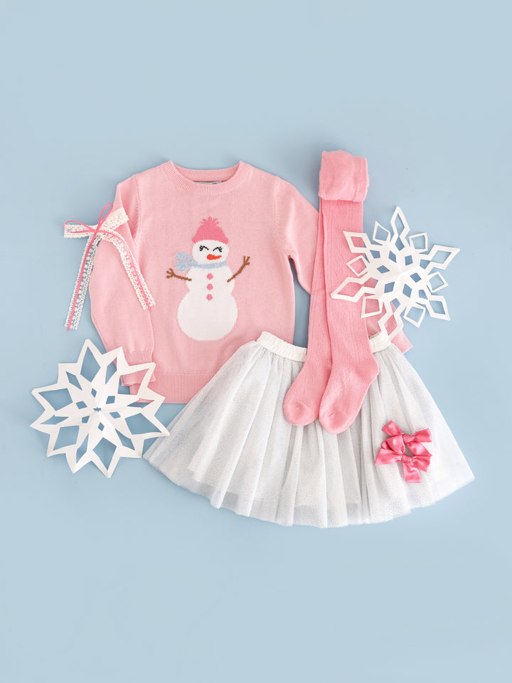 little girls' winter wonderland themed Christmas outfit with pink cotton knit sweater with snowgirl design, white sparkly tulle tutu skirt, pink open knit tights and matching hair bows