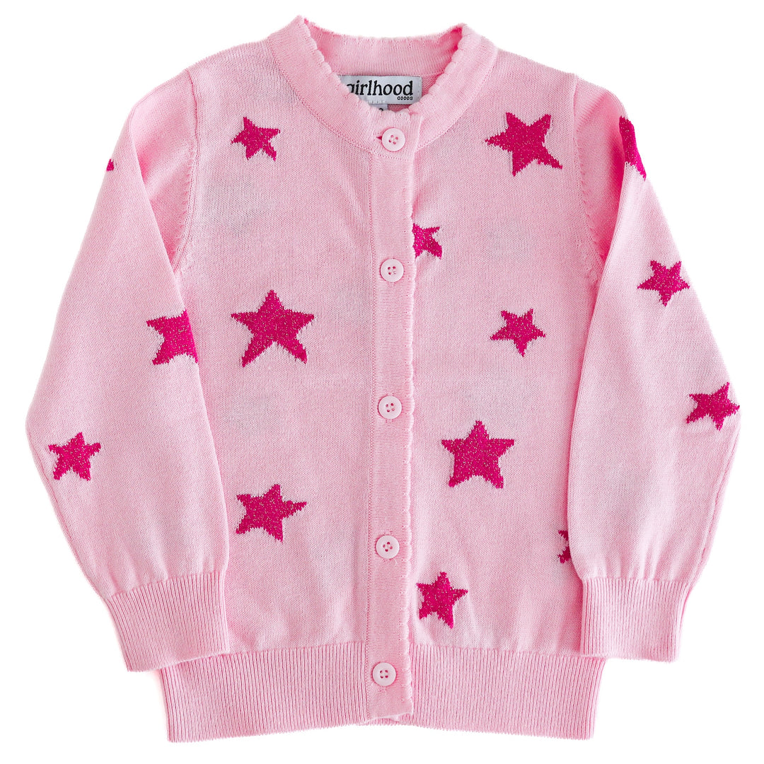 girls light pink button front cardigan with hot pink sparkle yarn star pattern