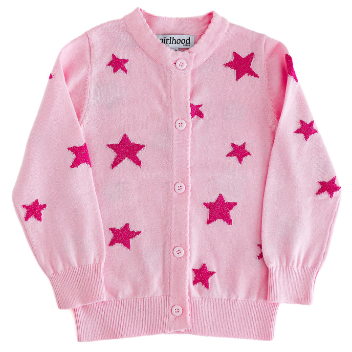 girls light pink button front cardigan with hot pink sparkle yarn star pattern