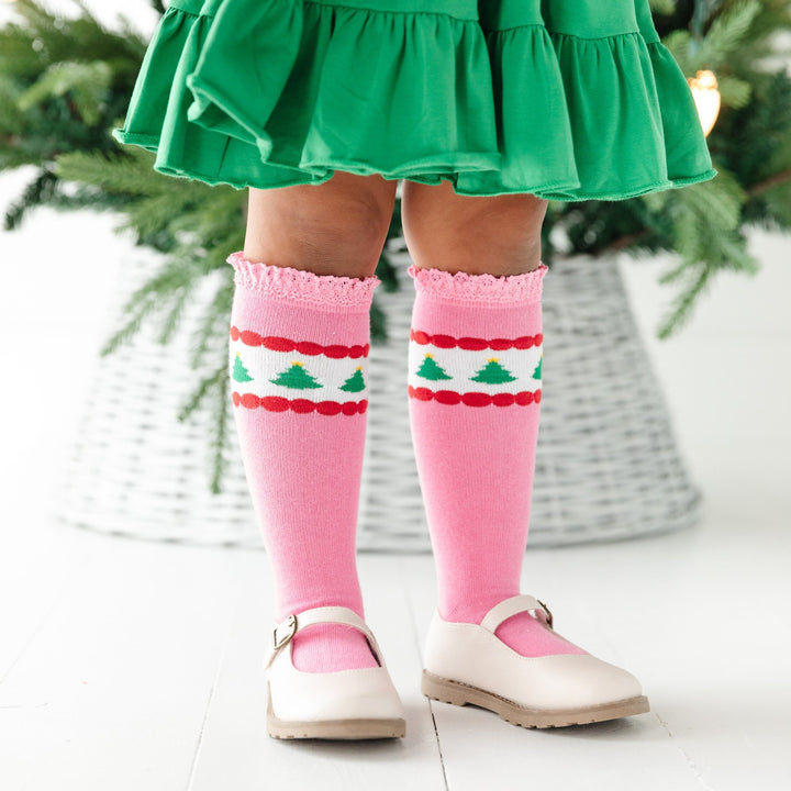 girls pink christmas tree knee high socks with lace