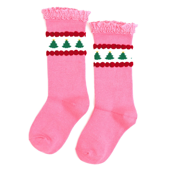 little girls knee high socks in candy pink with Christmas tree print