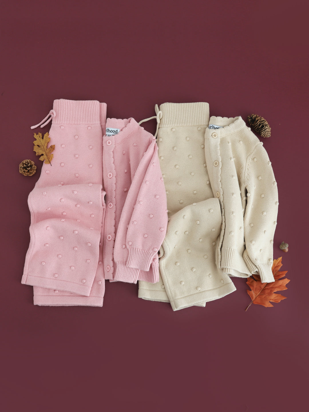 girls matching cotton knit  bubble cardigans and sweater pants in pink and cream