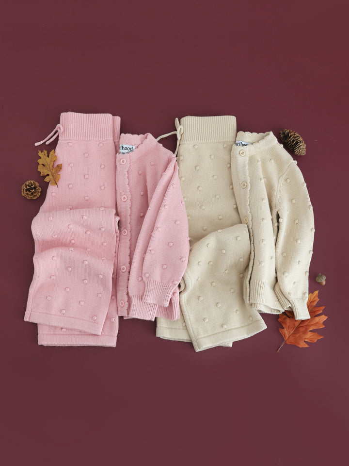 girls matching cotton knit  bubble cardigans and sweater pants in pink and cream
