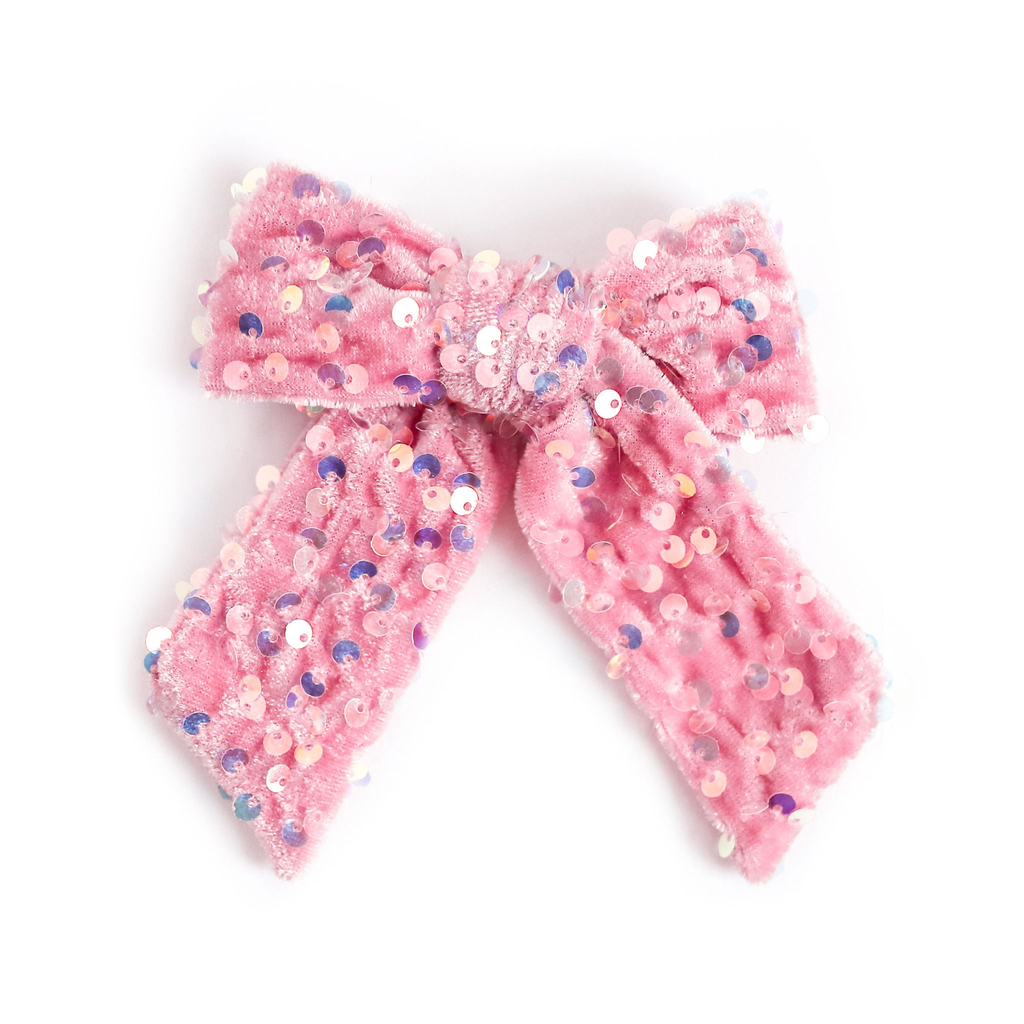 girls pastel pink velvet bow on clip with iridescent sequin detail to match Valentin's Day outfit