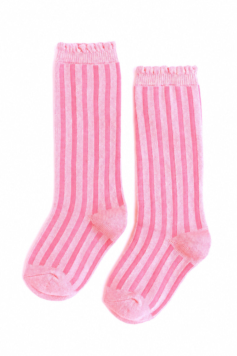 little girls knee high socks with two tone pink vertical stripes for pastel Christmas outfits