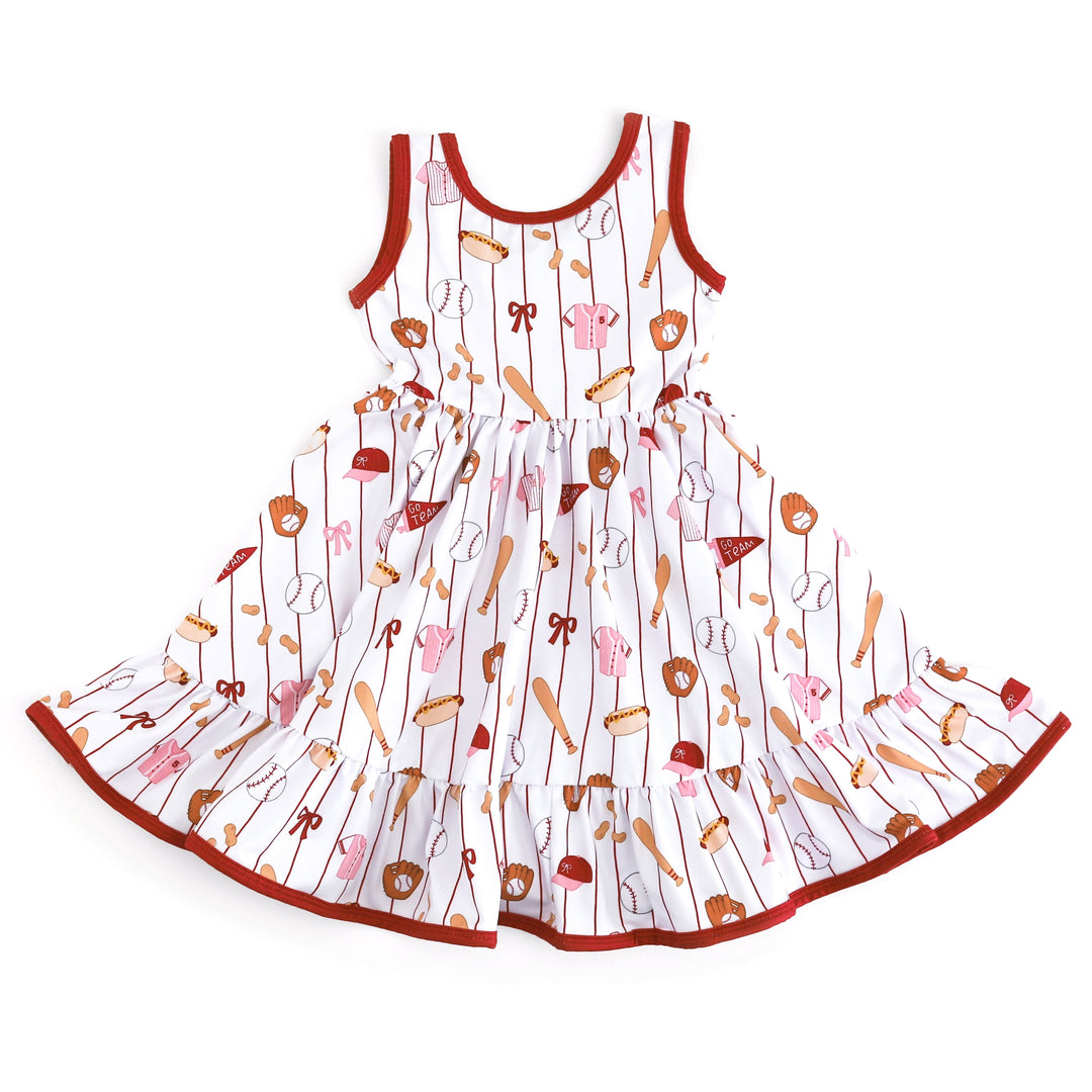 girls' baseball themed tank twirl dress with baseball themed print on white with red trim
