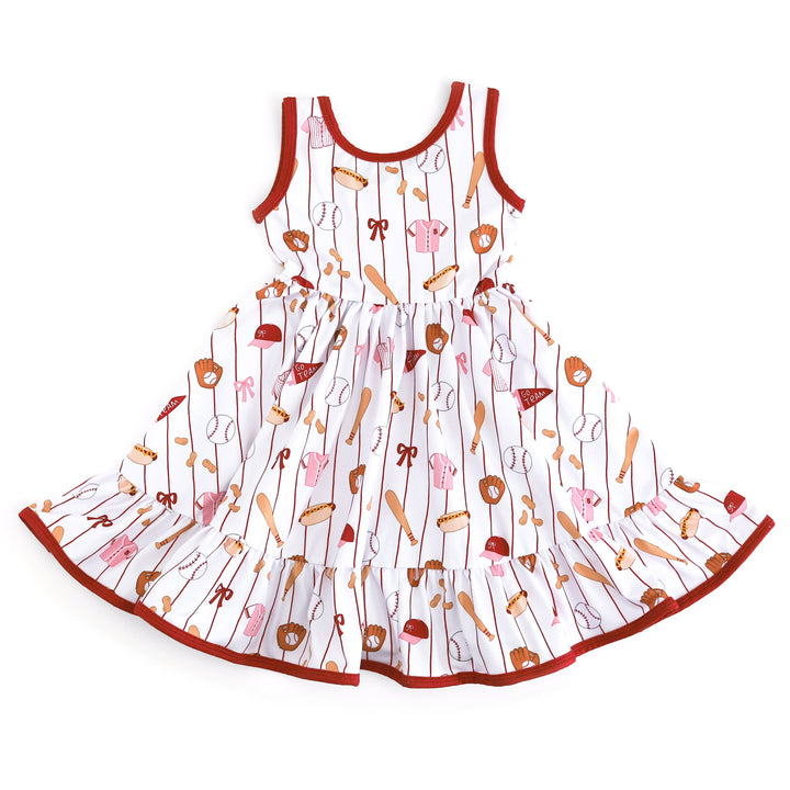 girls' baseball themed tank twirl dress with baseball themed print on white with red trim