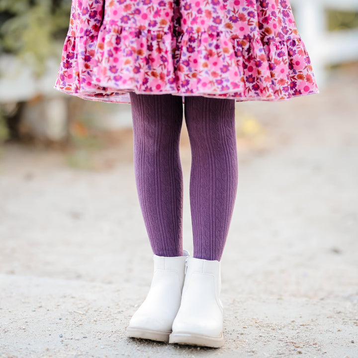 girls plum purple cable knit tights paired with fall floral twirl dress