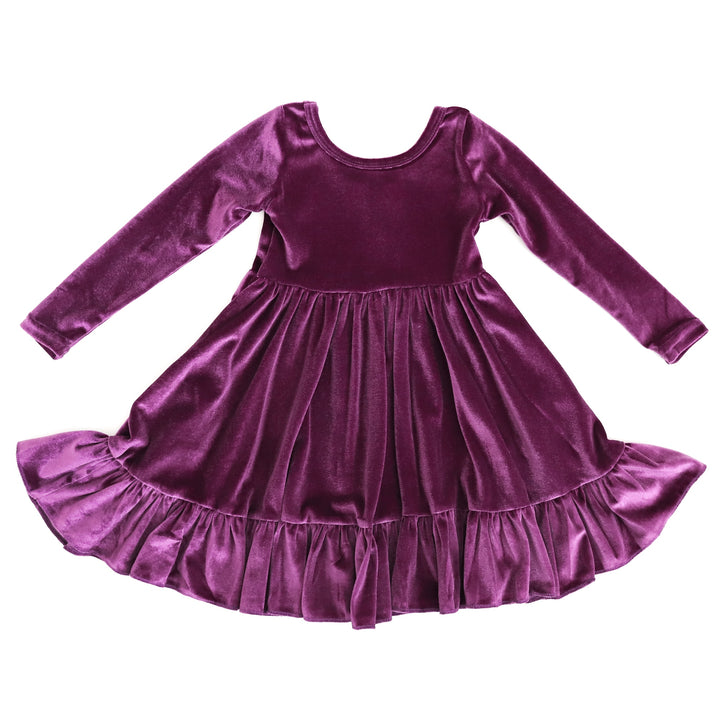 girls velvet twirl dress in purple for harvest and Thanksgiving