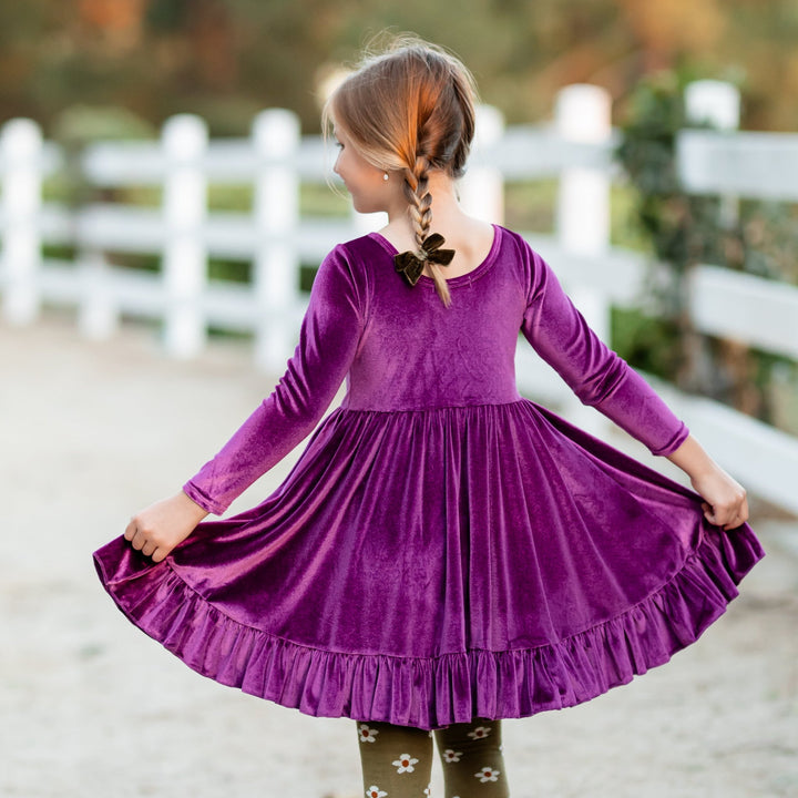 girls scoop back purple velvet twirl dress and olive floral knit tights with matching olive velvet pigtail bows