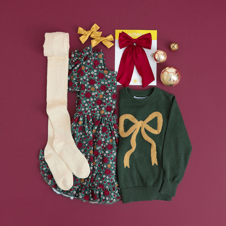 girls christmas outfit with bows and poinsettia twirl dress