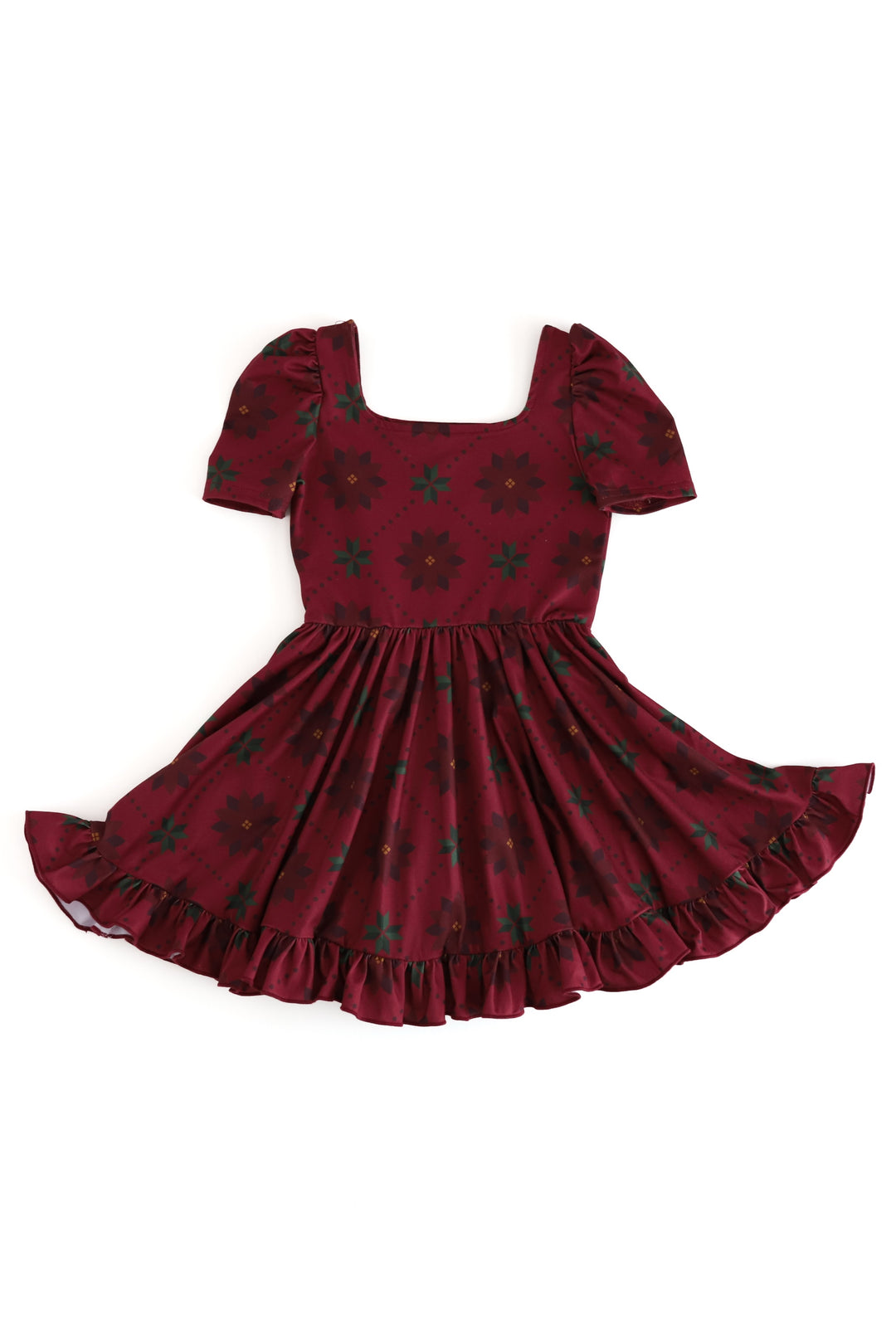 A dark red short-sleeve dress with a square neckline, puff sleeves, and a ruffled hem, decorated with a dark green poinsettia floral pattern, shown against a plain white background.