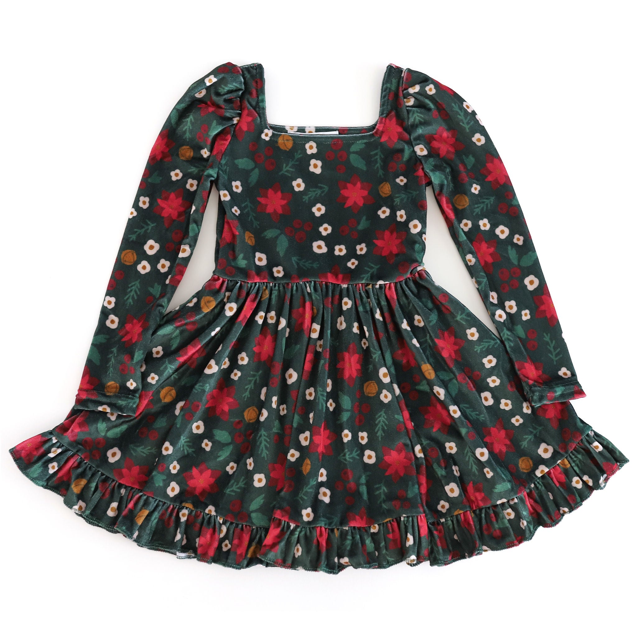 Girls Christmas Dress - Poinsettia print on velvet