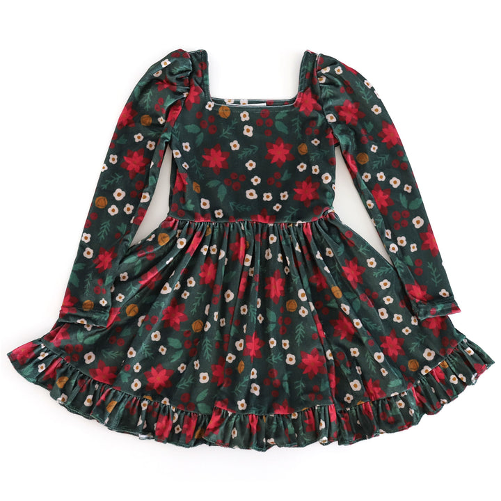 Girls Christmas Dress - Poinsettia print on velvet