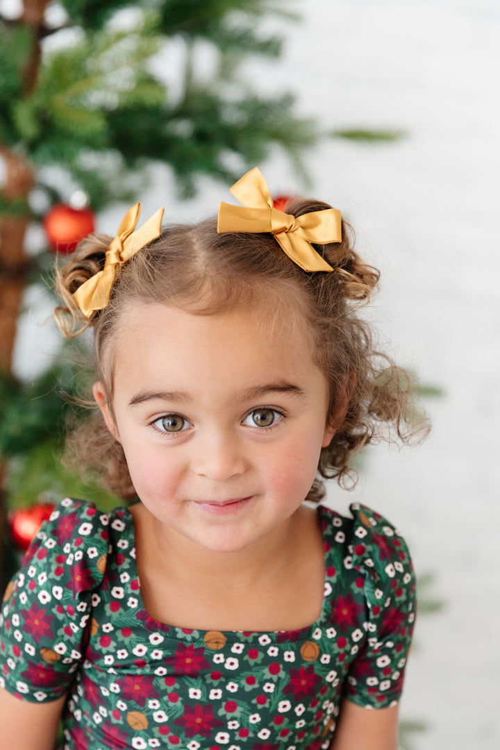 girls gold satin pigtail bows with matching poinsettia christmas floral dress