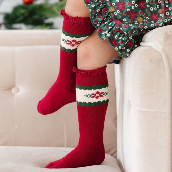 girls poinsettia flower knee high socks christmas