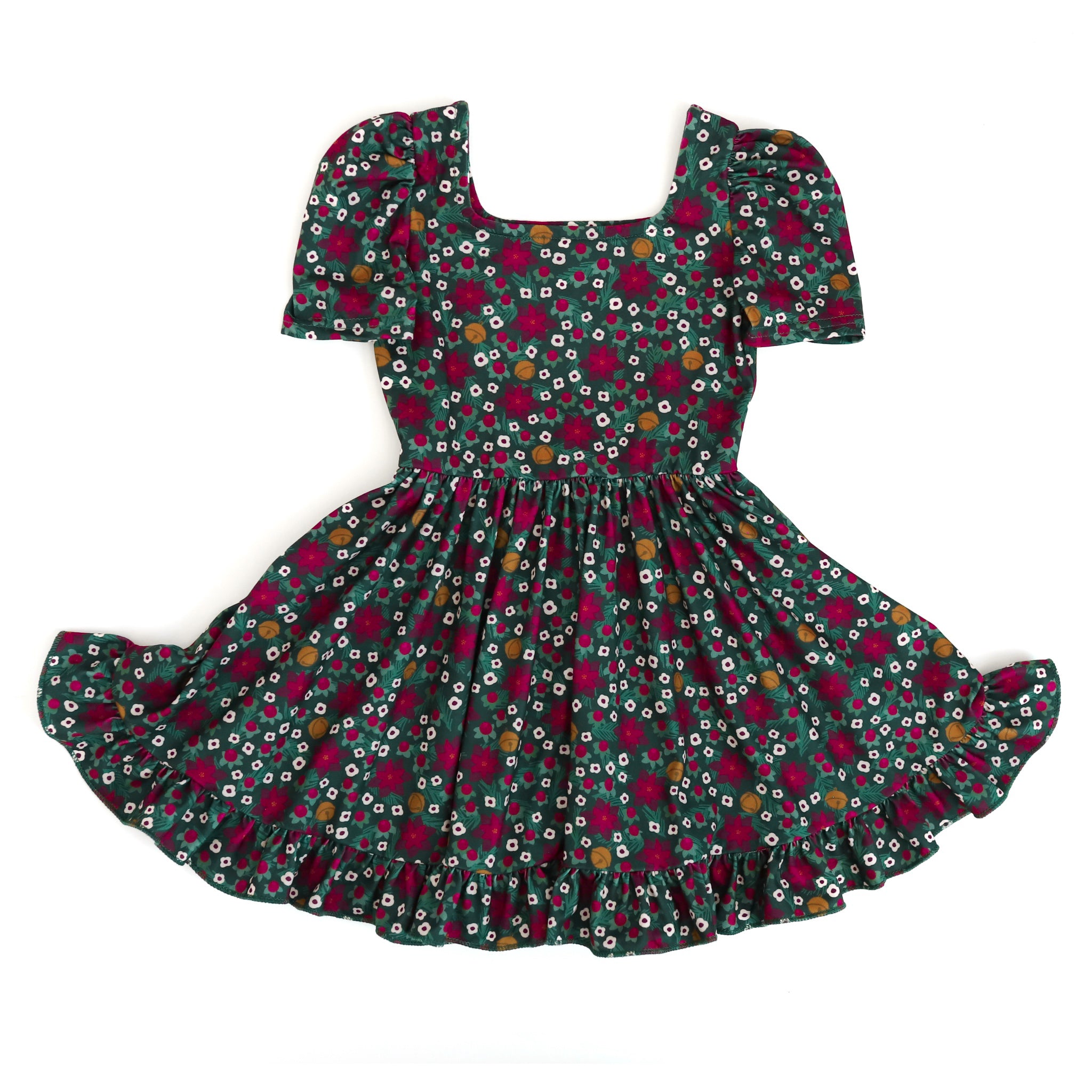 little girls square neck Chrismtas dress in poinsettia print with classic holiday colors