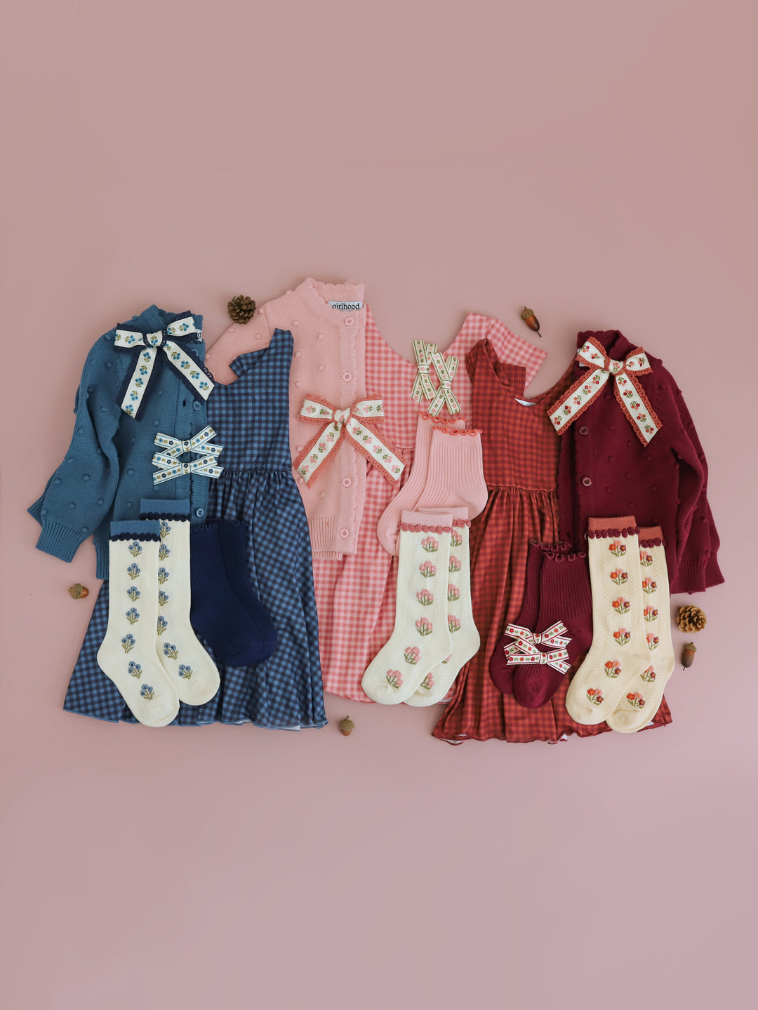 girls fall outfits gingham dresses with matching floral knee high socks and hair bows