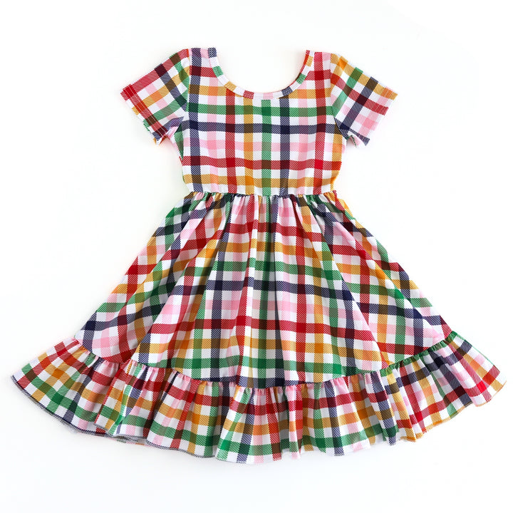 girls' short sleeve twirl dress in primary colored gingham print for back to school