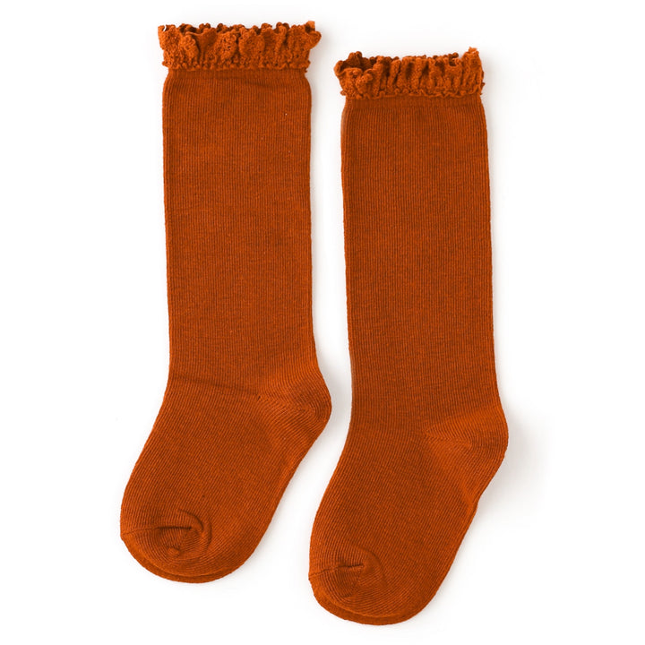 pumpkin spice lace top socks for babies, toddlers and girls on white background
