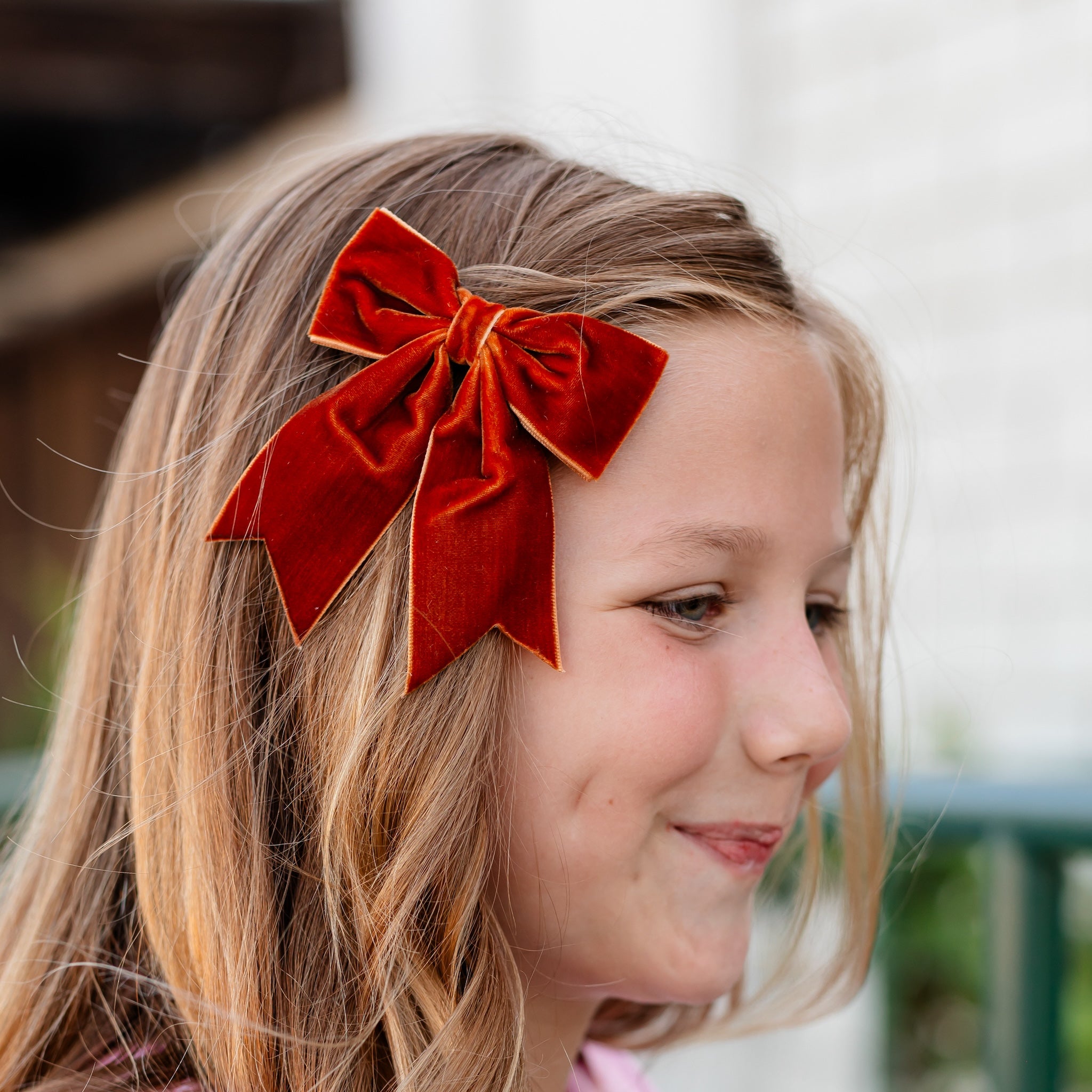 little girl burnt orange velvet ribbon bow on clip with dovetail