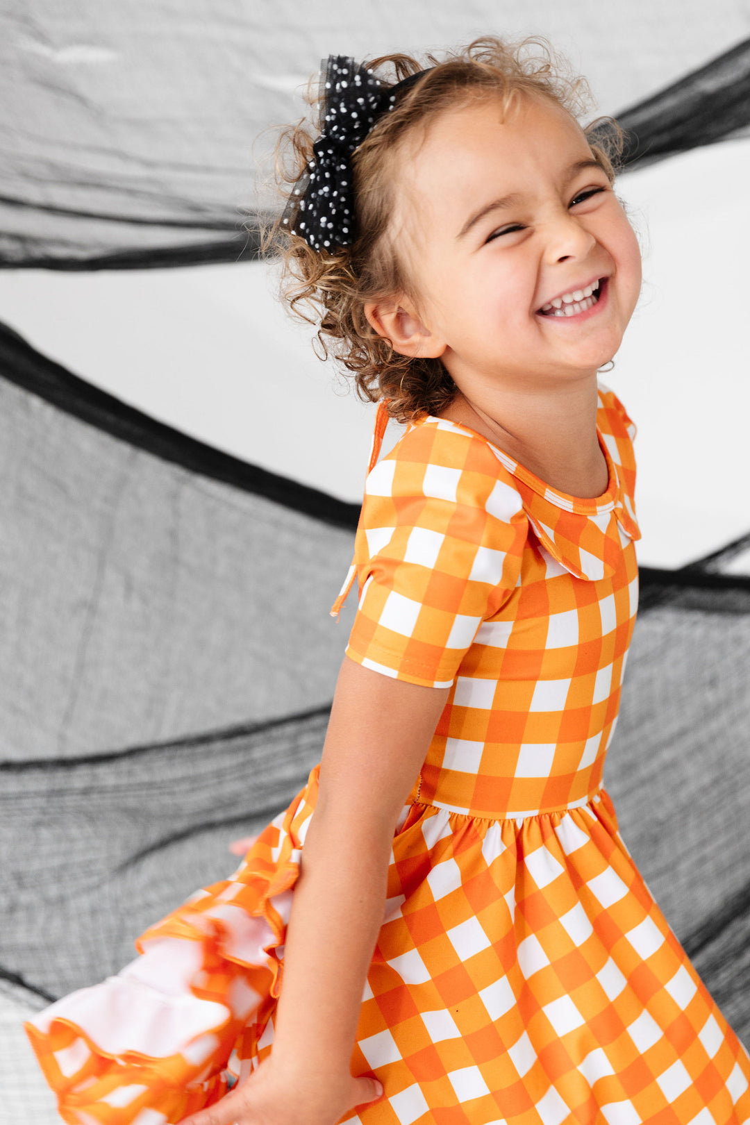 girls orange plaid dress with peter pan collar